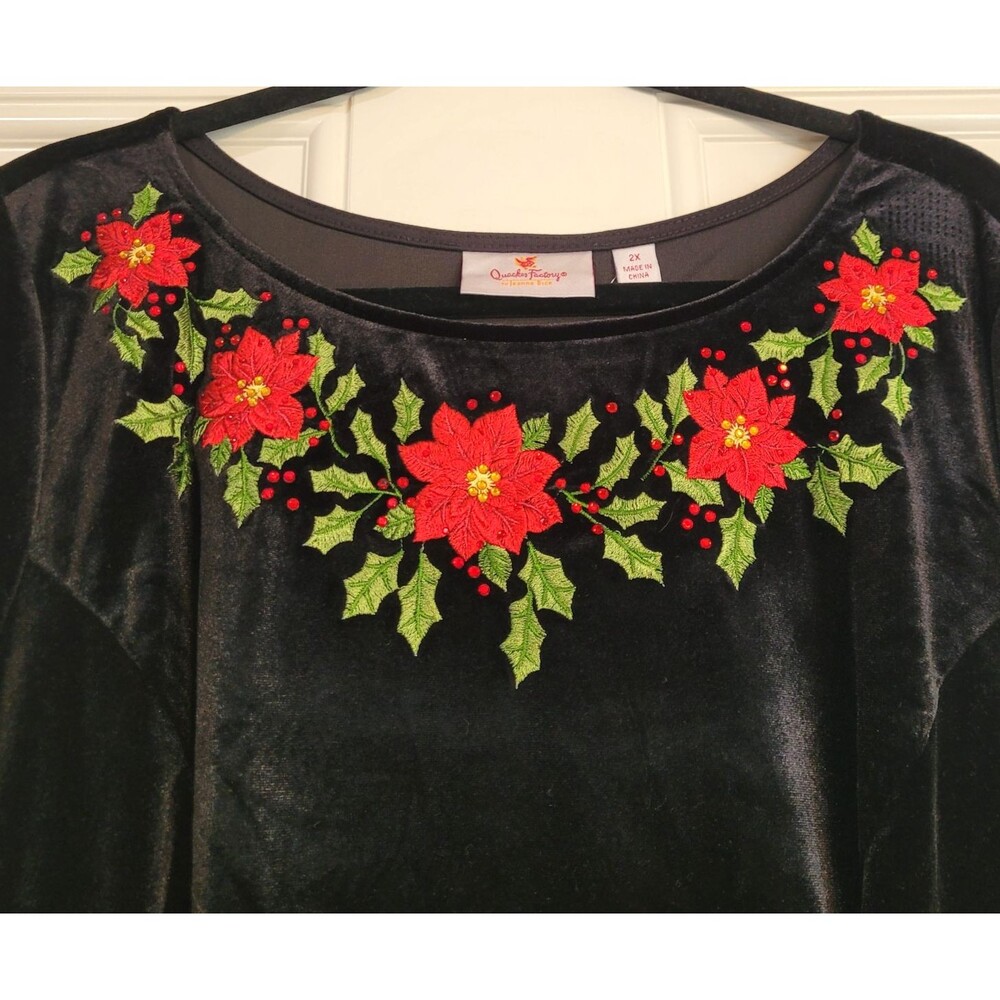 NWT Quacker Factory 2X Black Velvet Holiday Dress Poinsettia Christmas Sequins
